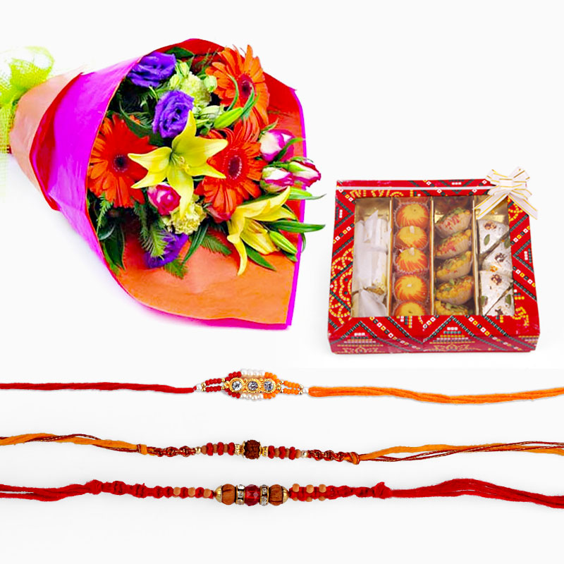 Set of Rakhi with Flowers and Sweets