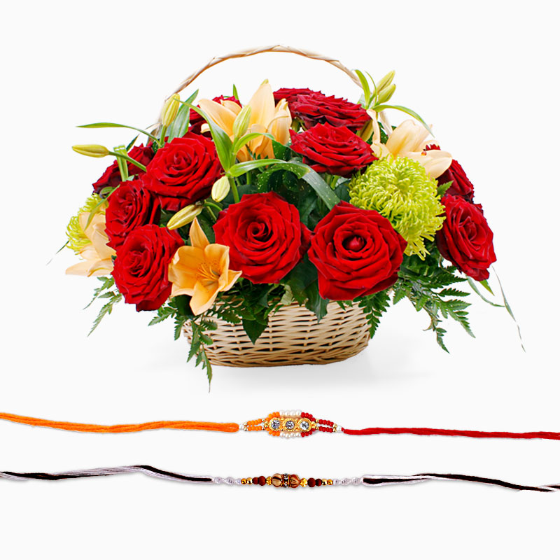 Flowers Basket Arrangement with Two Rakhi
