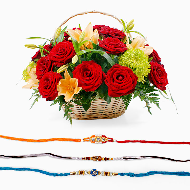 Set of Three Rakhi with Mix Flowers Basket