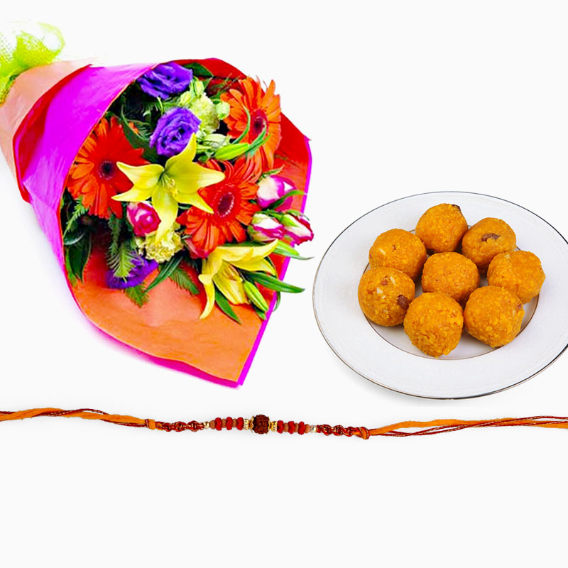 Rakhi with Motichur ladoo and Flowers