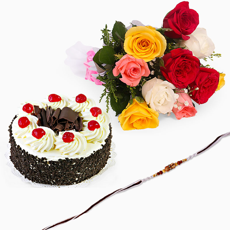 Black Forest Cake with Rakhi and Roses