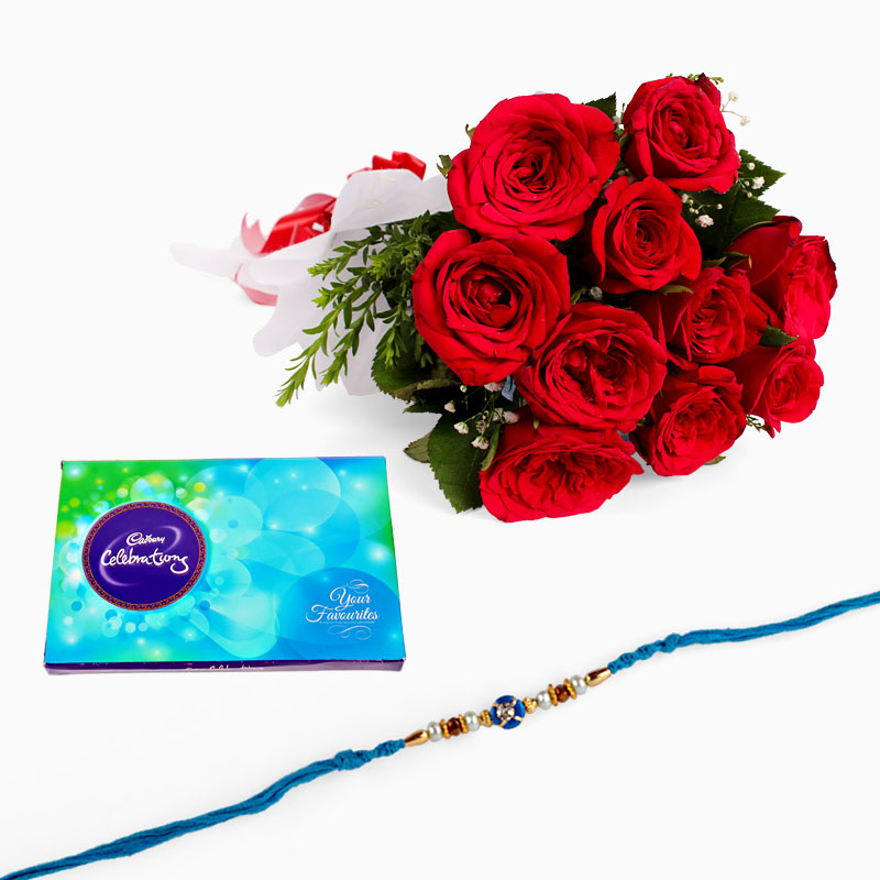 Rakhi with Red Roses and Cadbury Cadbury Celebration Chocolate Pack