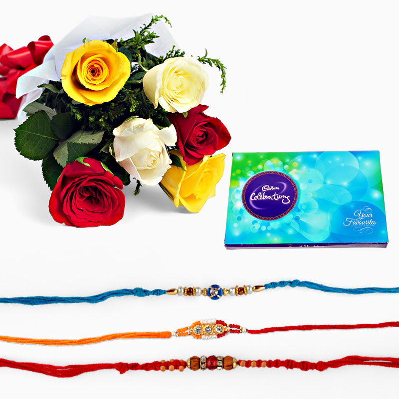 Set of Three Rakhi with Mix Roses and Celebration Pack