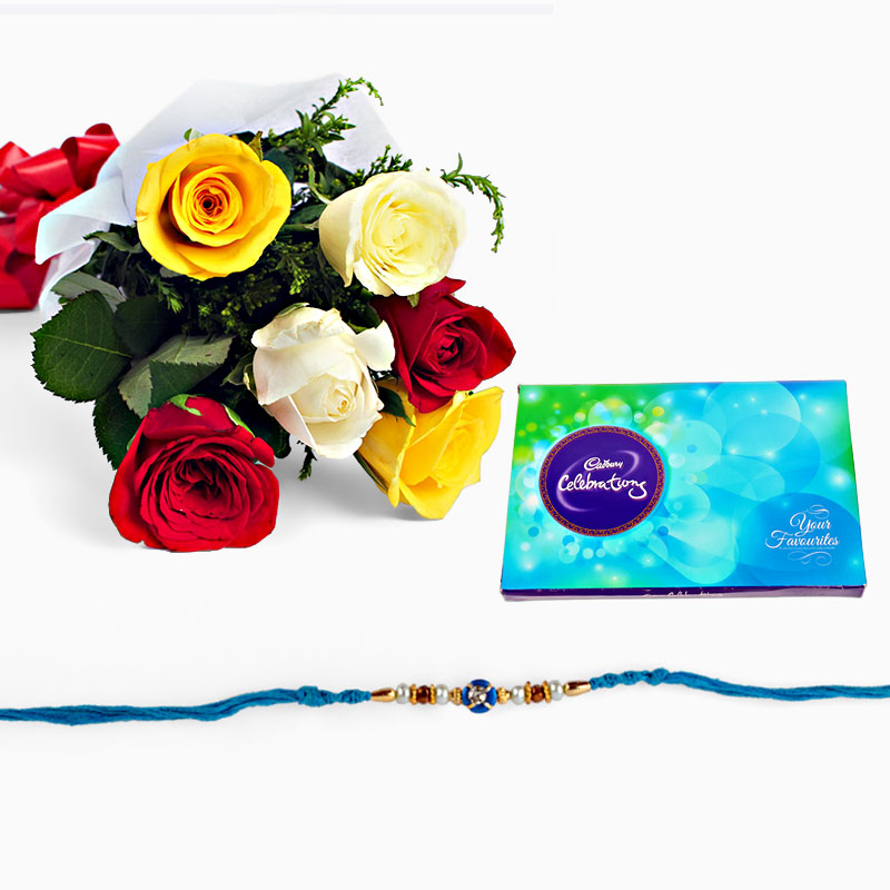 Rakhi with Mix Roses and Celebration Pack