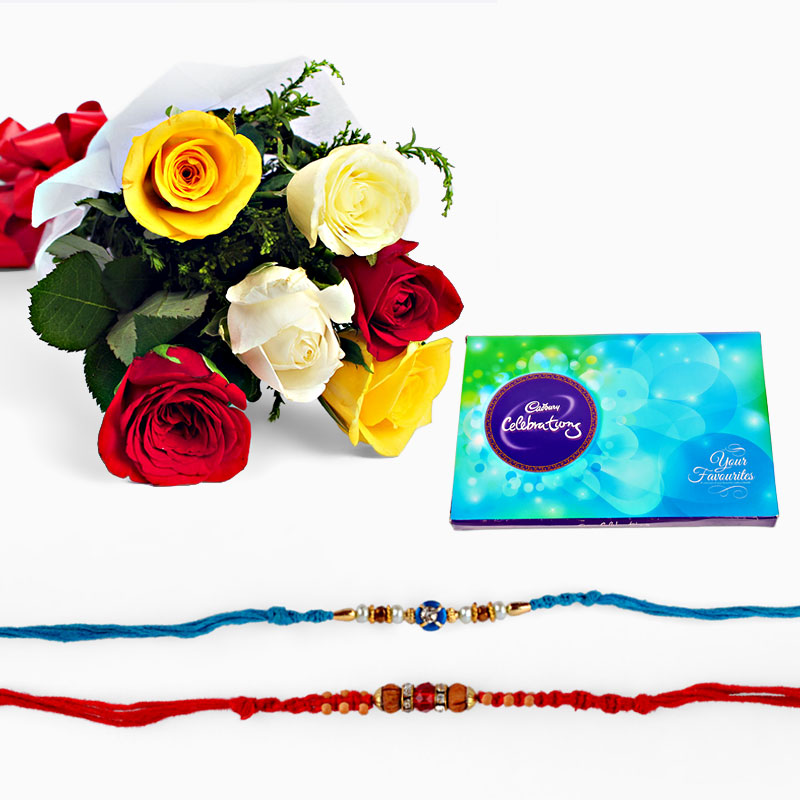 Set of Two Rakhi with Mix Roses and Celebration Pack