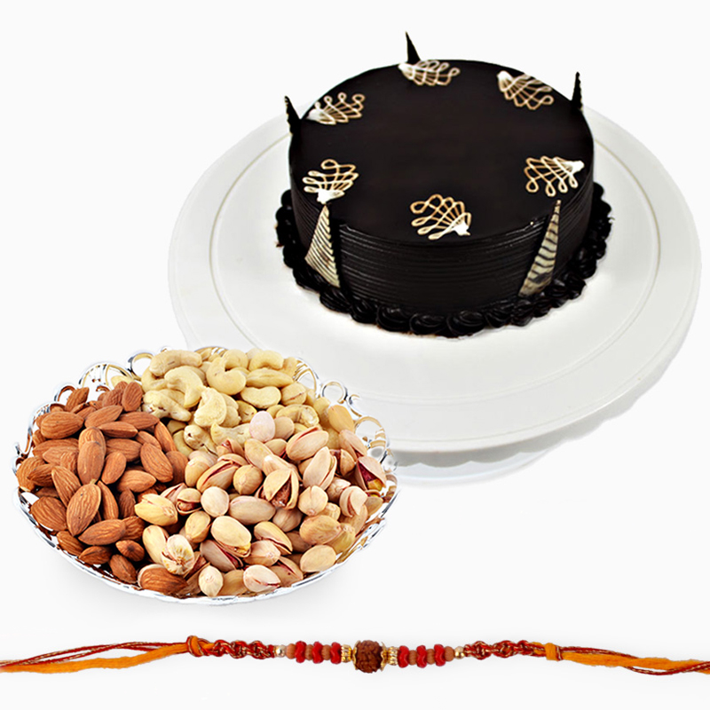 Fancy Rakhi with Dryfruits and Chocolate Cake