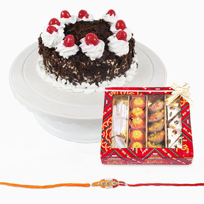 Black Forest Cake with Sweets and Rakhi