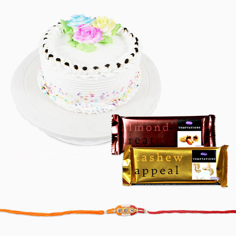 Cake with Rakhi and Tempatations Chocolates