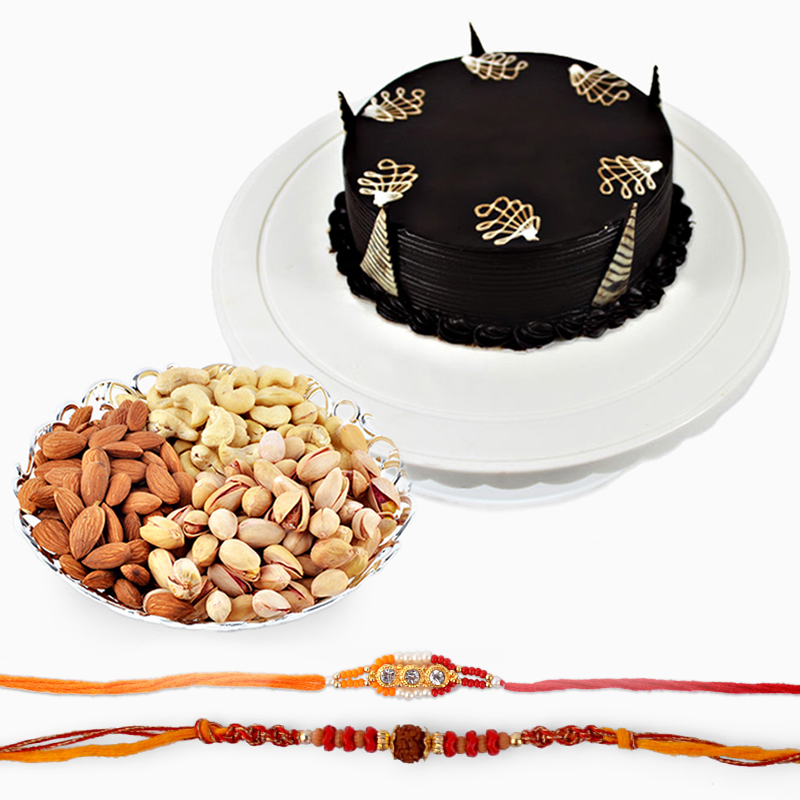 Set of Two Rakhi with 500 Gms Dryfruits and Half Kg Chocolate Cake