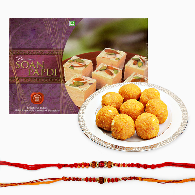 Delicious Sweets and Set of Two Rakhi