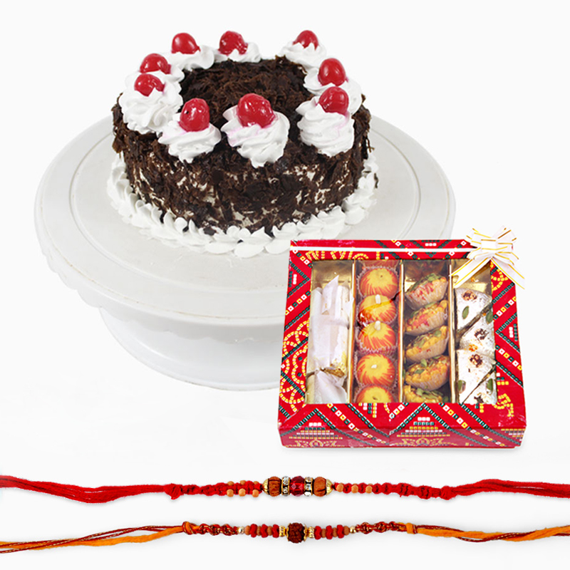 Assorted Sweets with Set Of Two Rakhi and Black Forest Cake