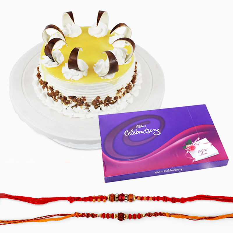 Set Of Two Rakhi with Butterscotch Cake and Celebration Pack
