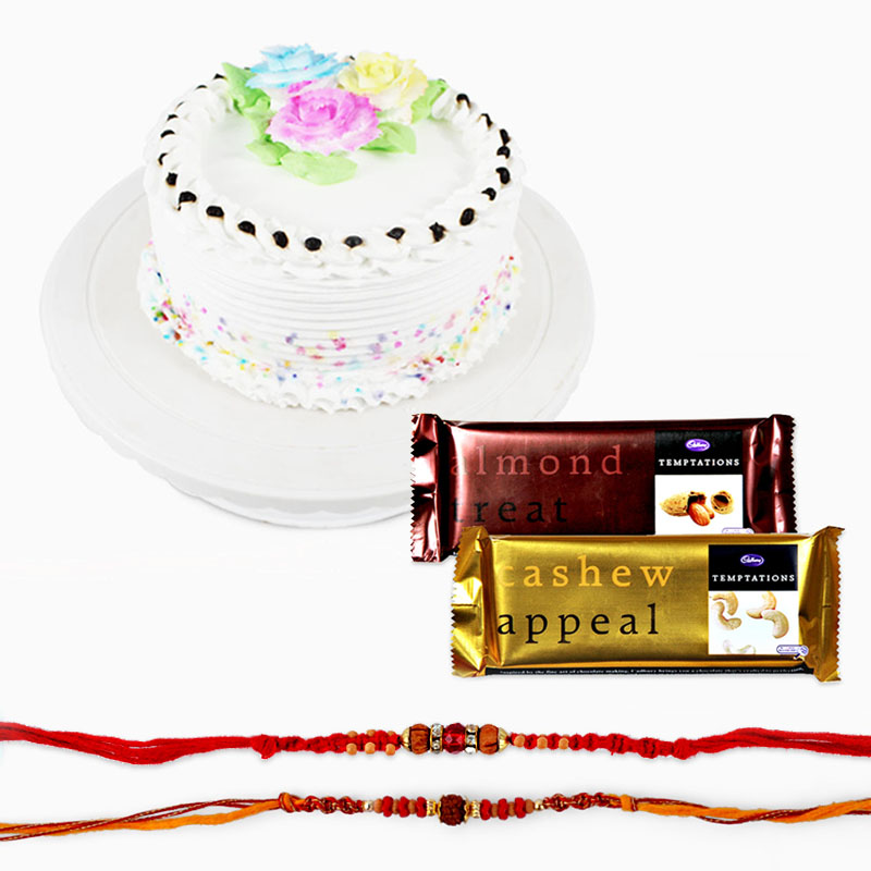 Tempatation Chocolates with Set Of Two Rakhi and Cake