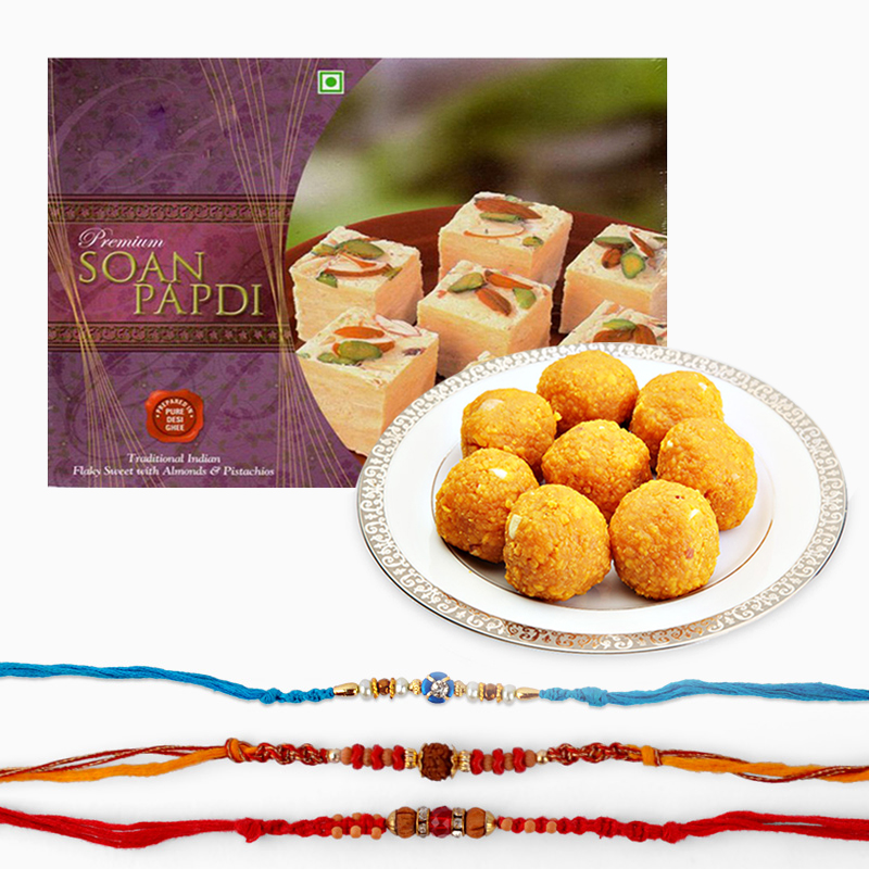 Sweets and Three Rakhi Combo