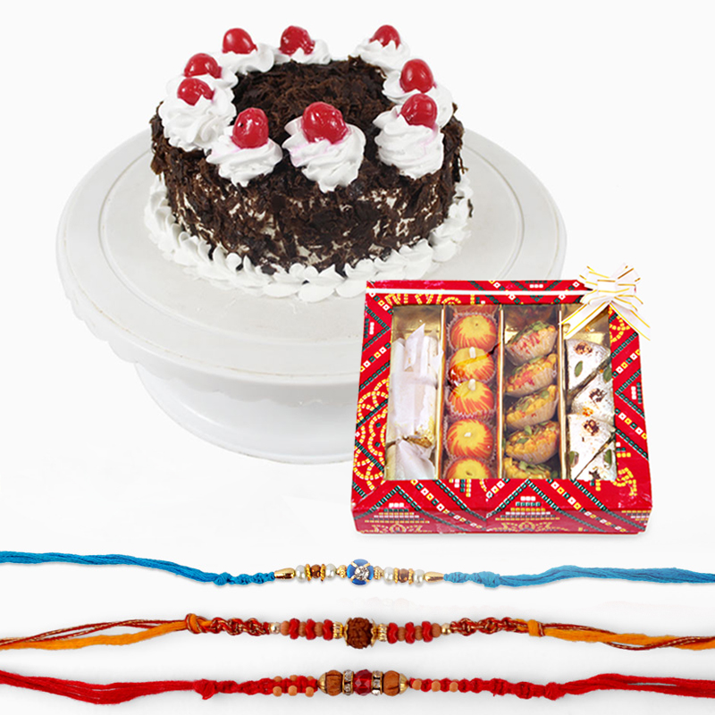 Kaju Sweets with Rakhi and Cake
