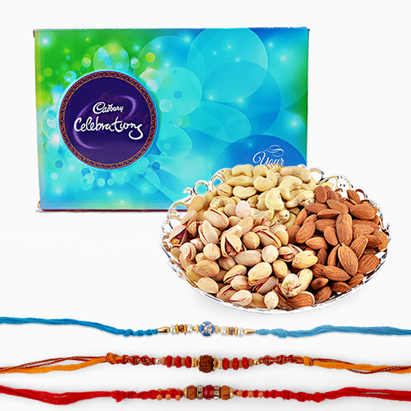 Dry Fruits with Rakhi and Cadbury Celebration Chocolate Pack