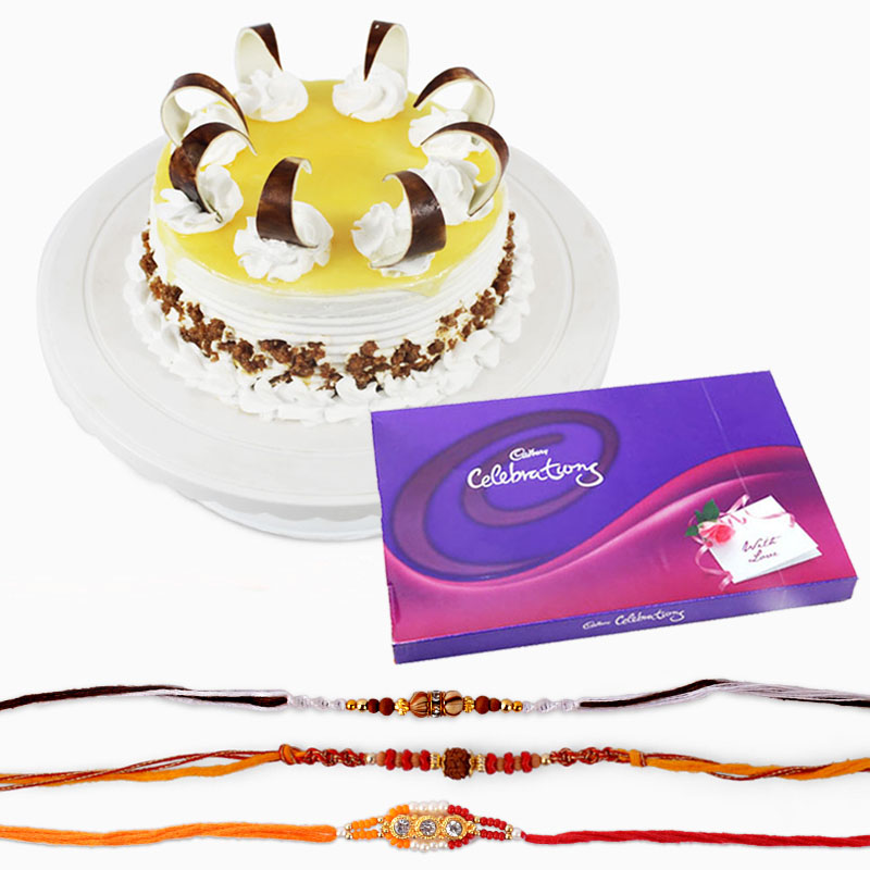 Pineapple Cake with Rakhi and Cadbury Celebartion Chocolate Pack