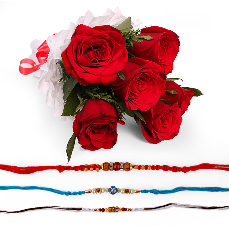 Set of Three Rakhi with Red Roses Bouquet