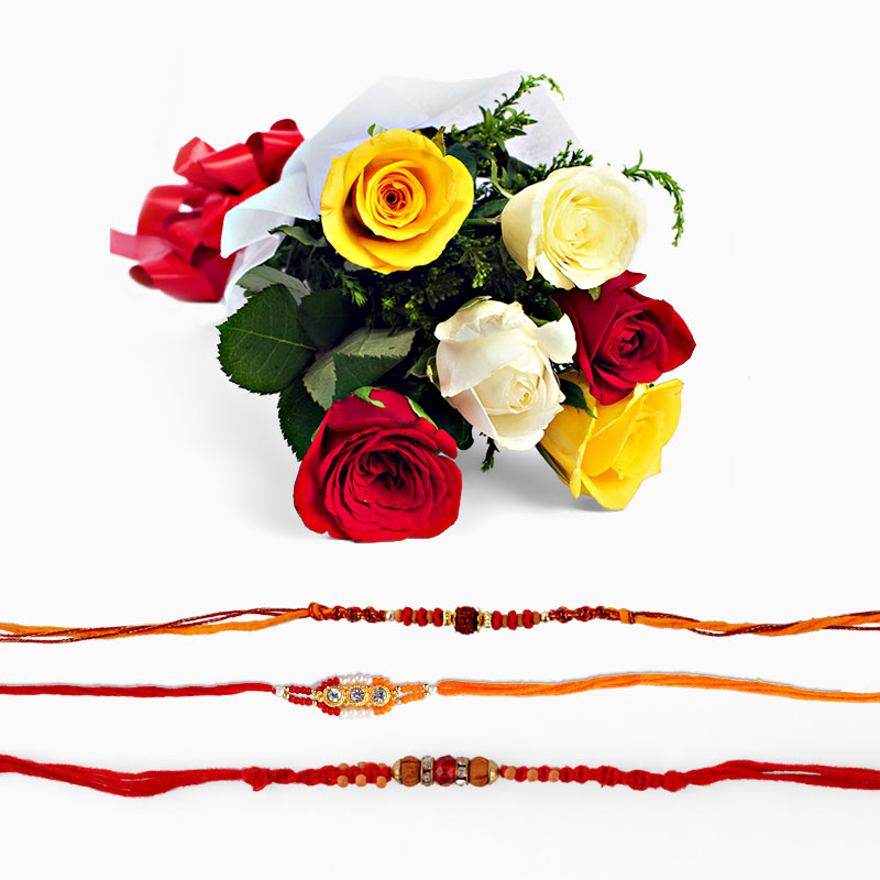 Mix Roses Bouquet with Set of Three Rakhi
