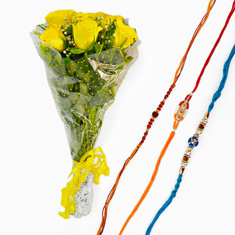 Bouquet of Yellow Roses With Set of Three Rakhi