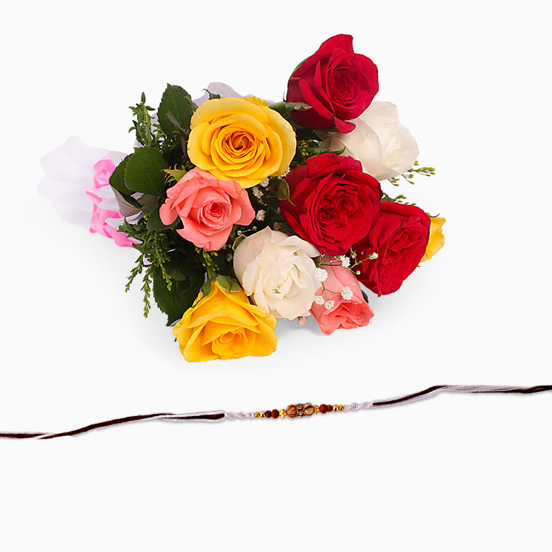Thread Rakhi with Mix Roses Bouquet