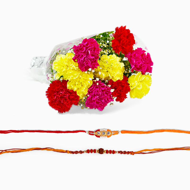 Set of Two Rakhi with Carnation Bouquet