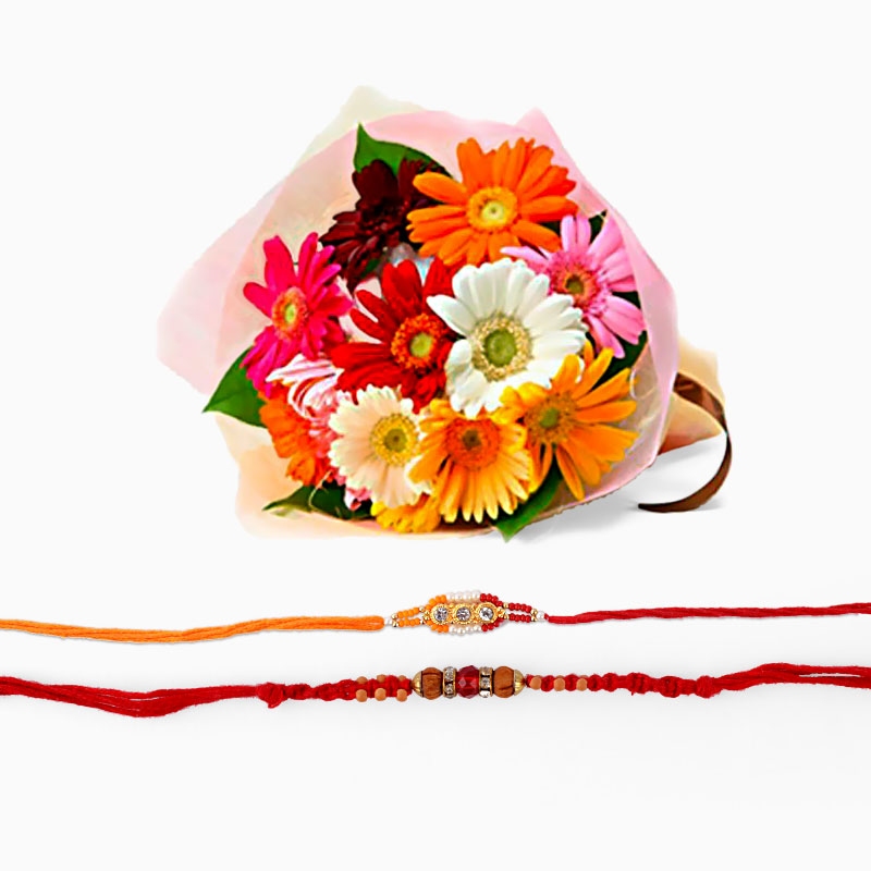 Double Rakhi with Gerberas Bouquet