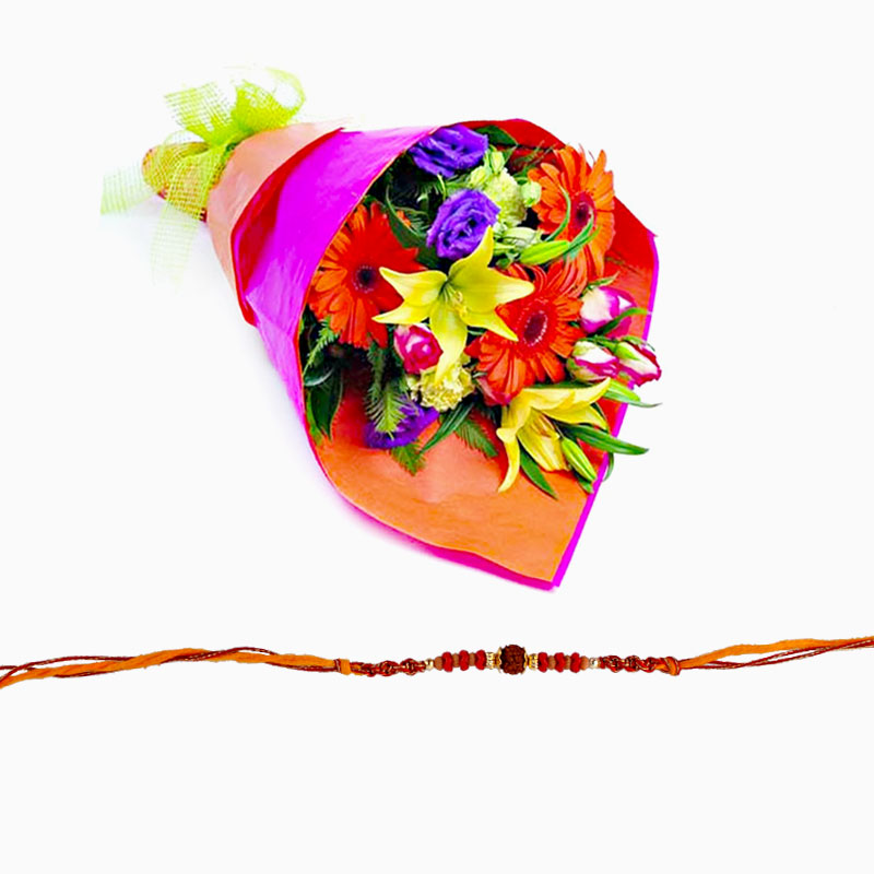 Rudraksh Rakhi with Mix Flower Combo