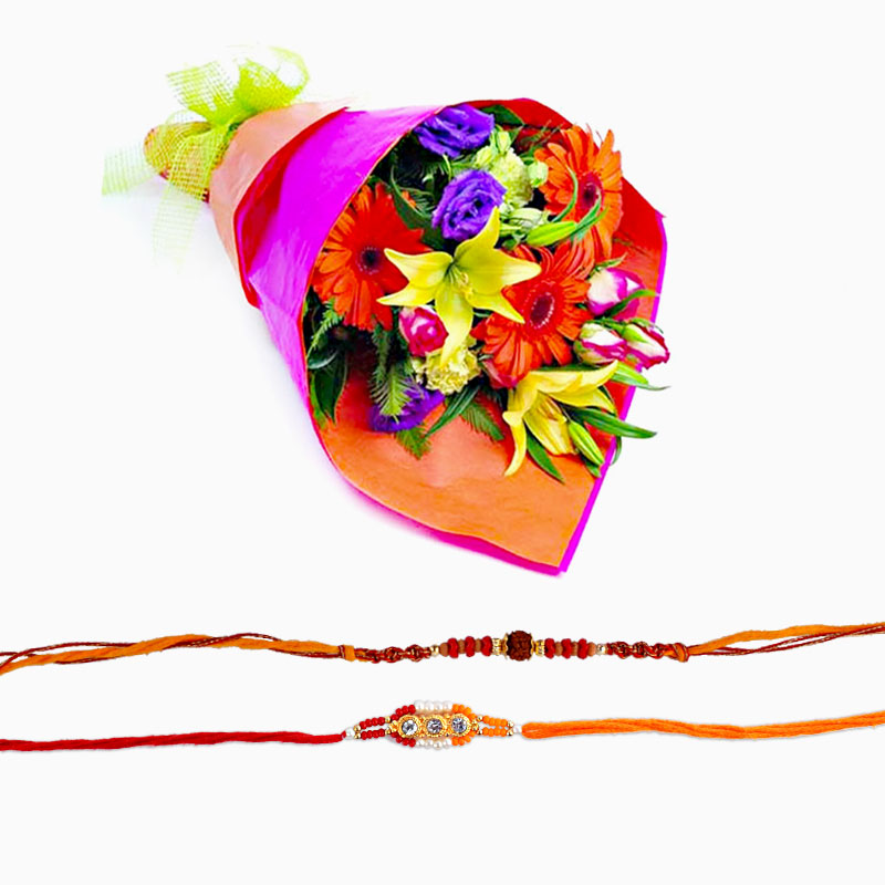 Set of Two Designer Rakhi with Bouquet