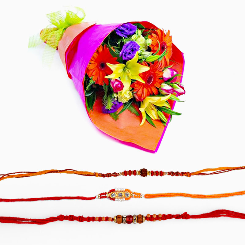 Embellished Set of Three Rakhis with Exotic Flowers