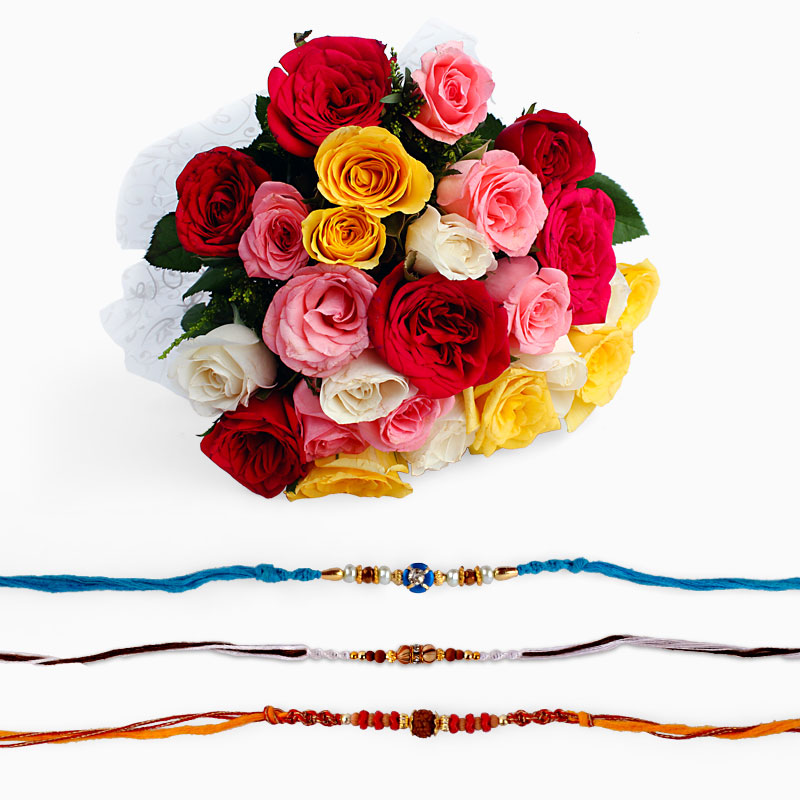 Bouquet of Mix Roses with Three Rakhi
