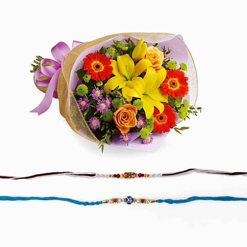 Set of Two Rakhi with Mix Flower Bouquet