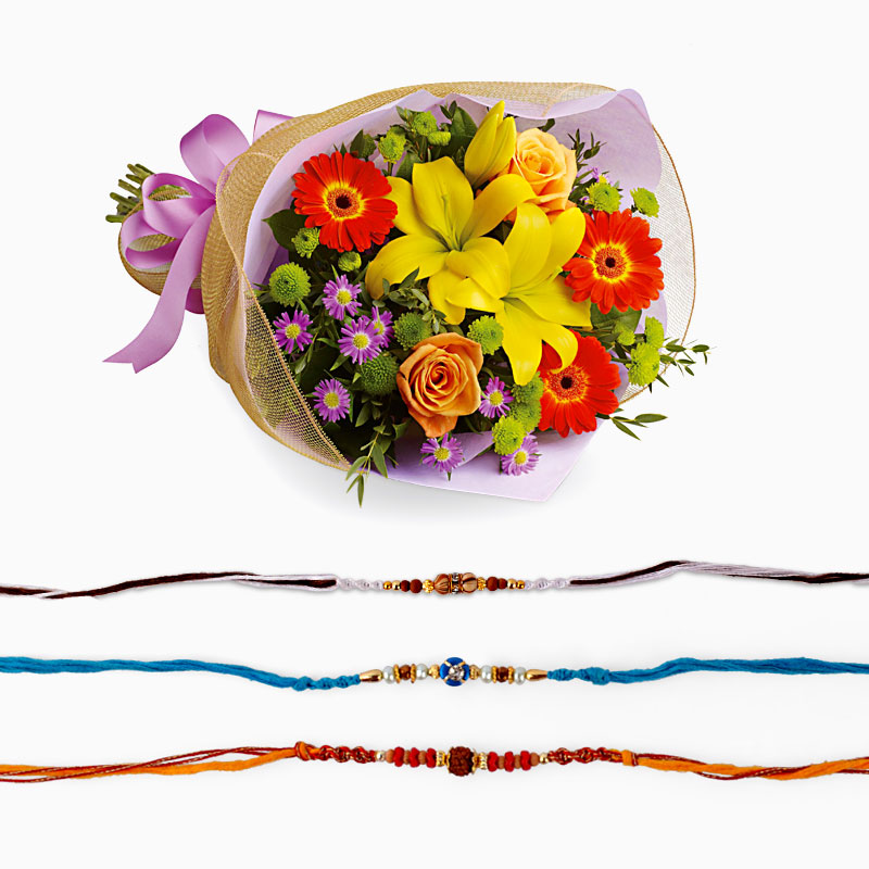 Exotic Bouquet with Three Rakhi