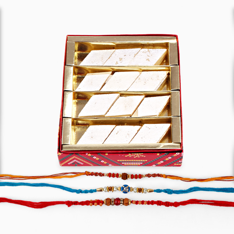 Kaju Katli and Set of Three Rakhi