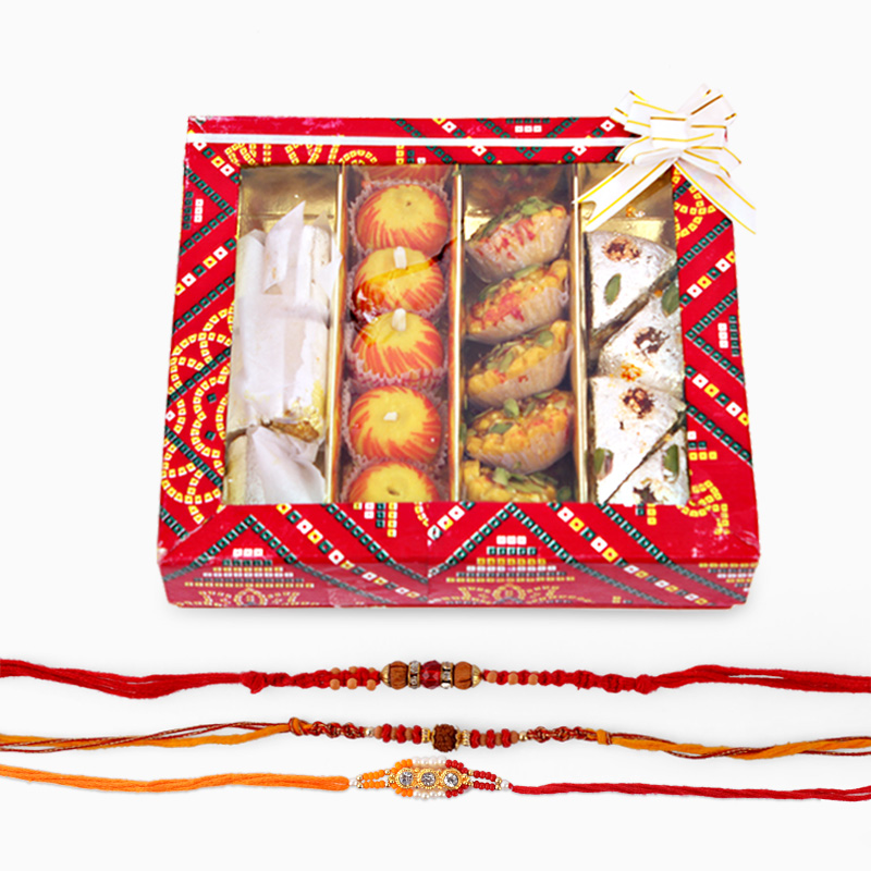 Three Rakhi with Assorted Sweets