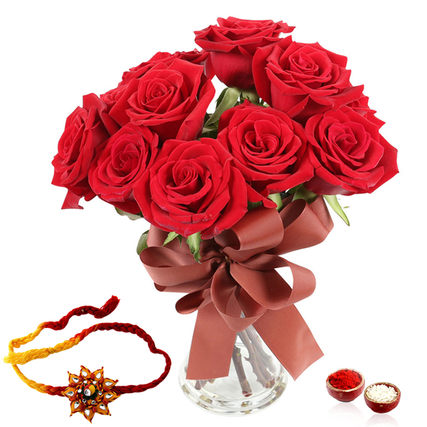 Roses in a Glass vase with Rakhi