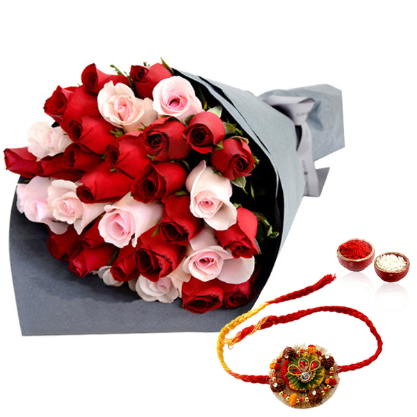Red and Pink Roses with Desginer Rakhi