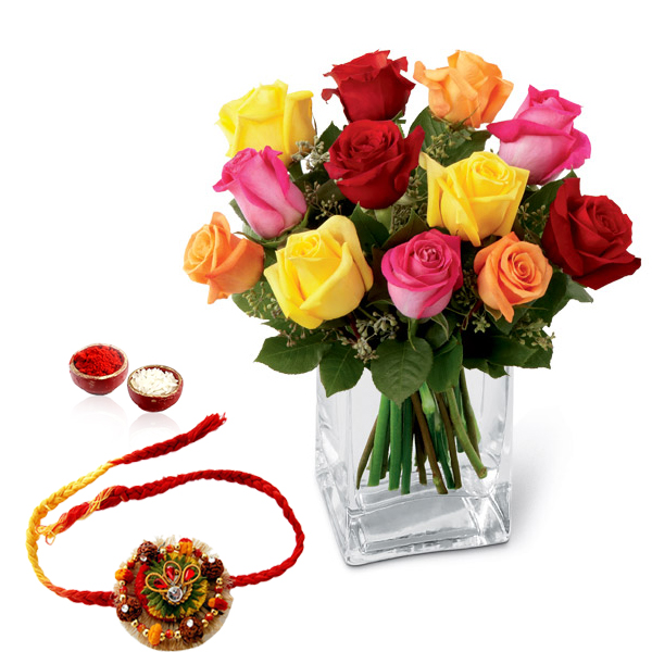 Mix Roses Glass Vase and Rakhi