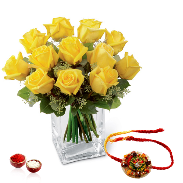Glass vase of Yellow Roses with Rakhi