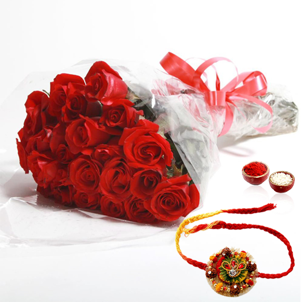 Red Roses Bouquet with Designer Rakhi