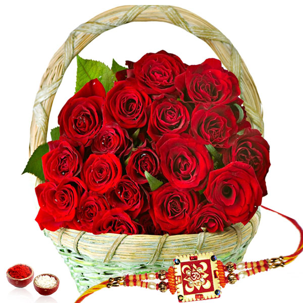 Basket of Red Roses and Rakhi