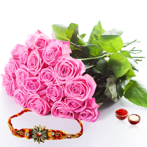 Twenty Pink Roses with Thread Rakhi