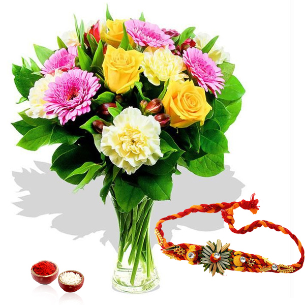 Rakhi and Mix Flowers Glass vase