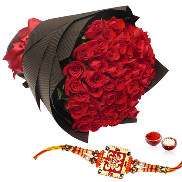 Red Roses Bouquet with Rakhi