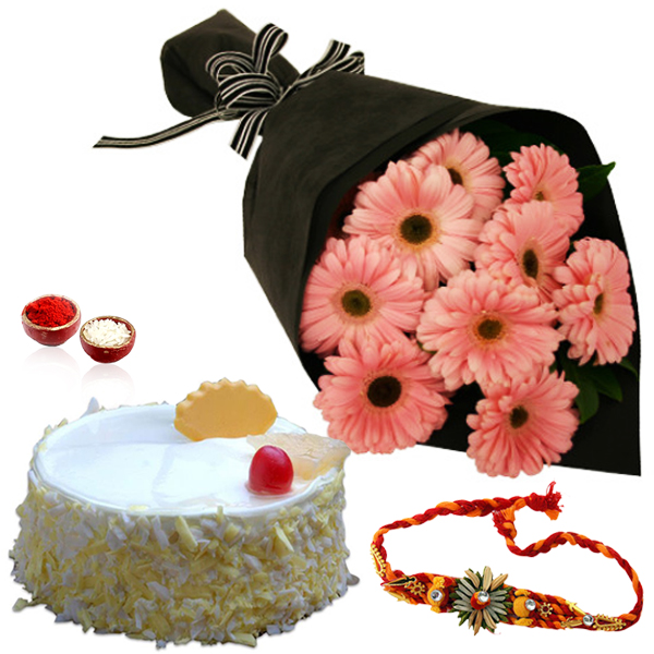 Rakhi with Pink Gerberas Bouquet and Pineapple Cake