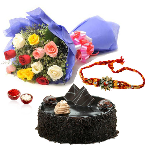 Mix Roses with Chocolate Cake and Rakhi