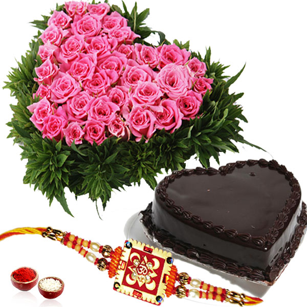 Heartshape Cake and Roses with Rakhi for Brother