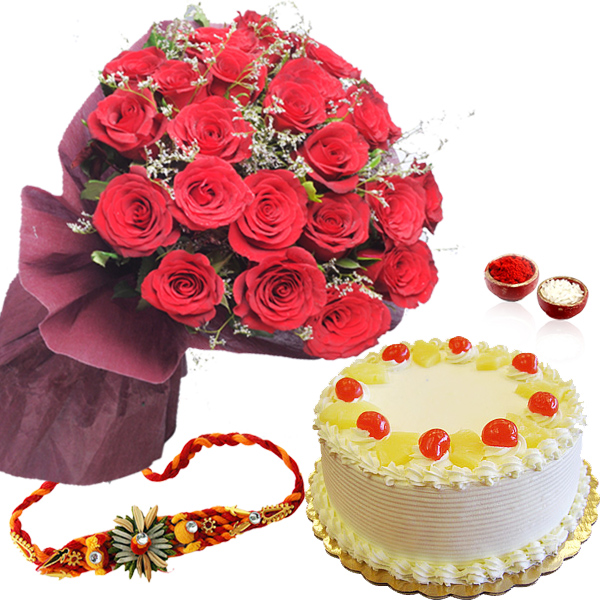 Pineapple Cake with Red Roses and Rakhi