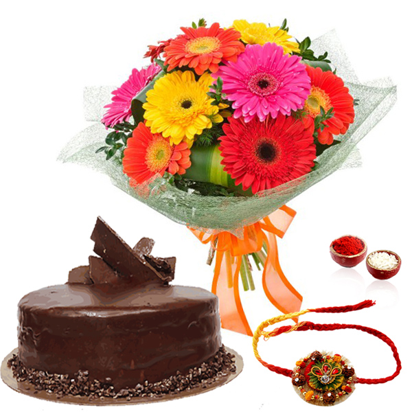 Chocolate Cake with Rakhi and Gerberas Bouquet