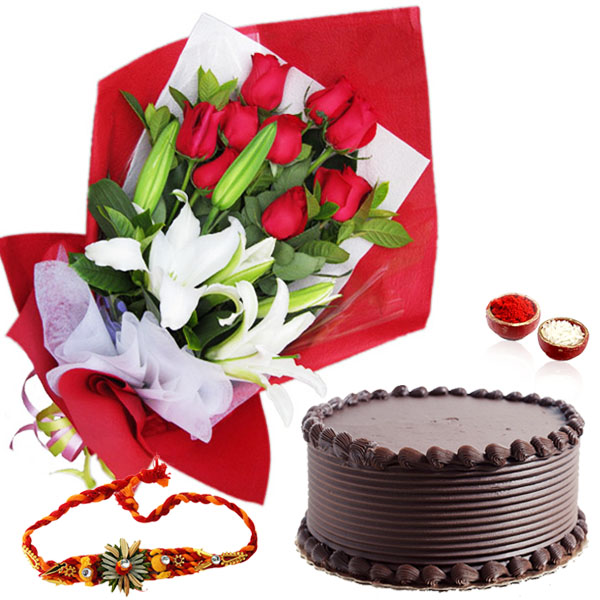 Exotic Flowers with Chocolate Cake and Rakhi
